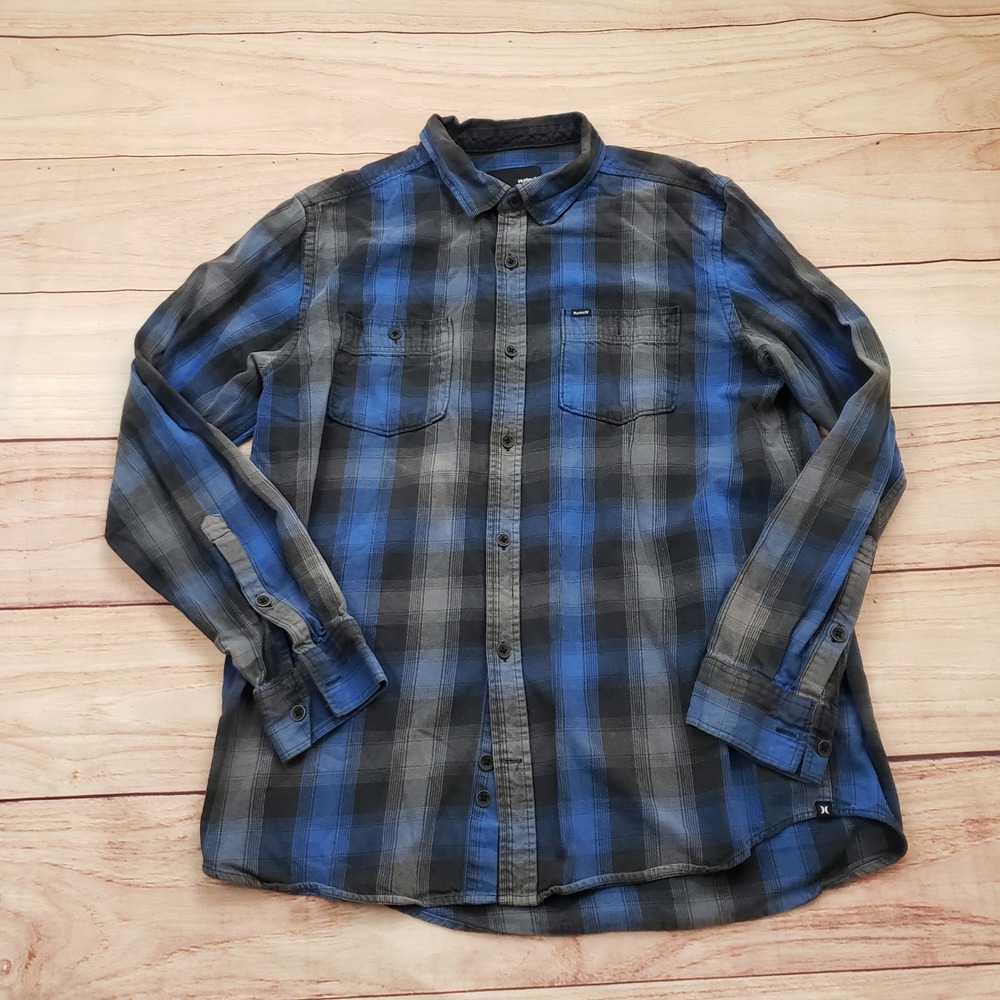 Hurley Shirt Mens Large Blue Long Sleeve Flannel Plaid Button Up Surfing Surf